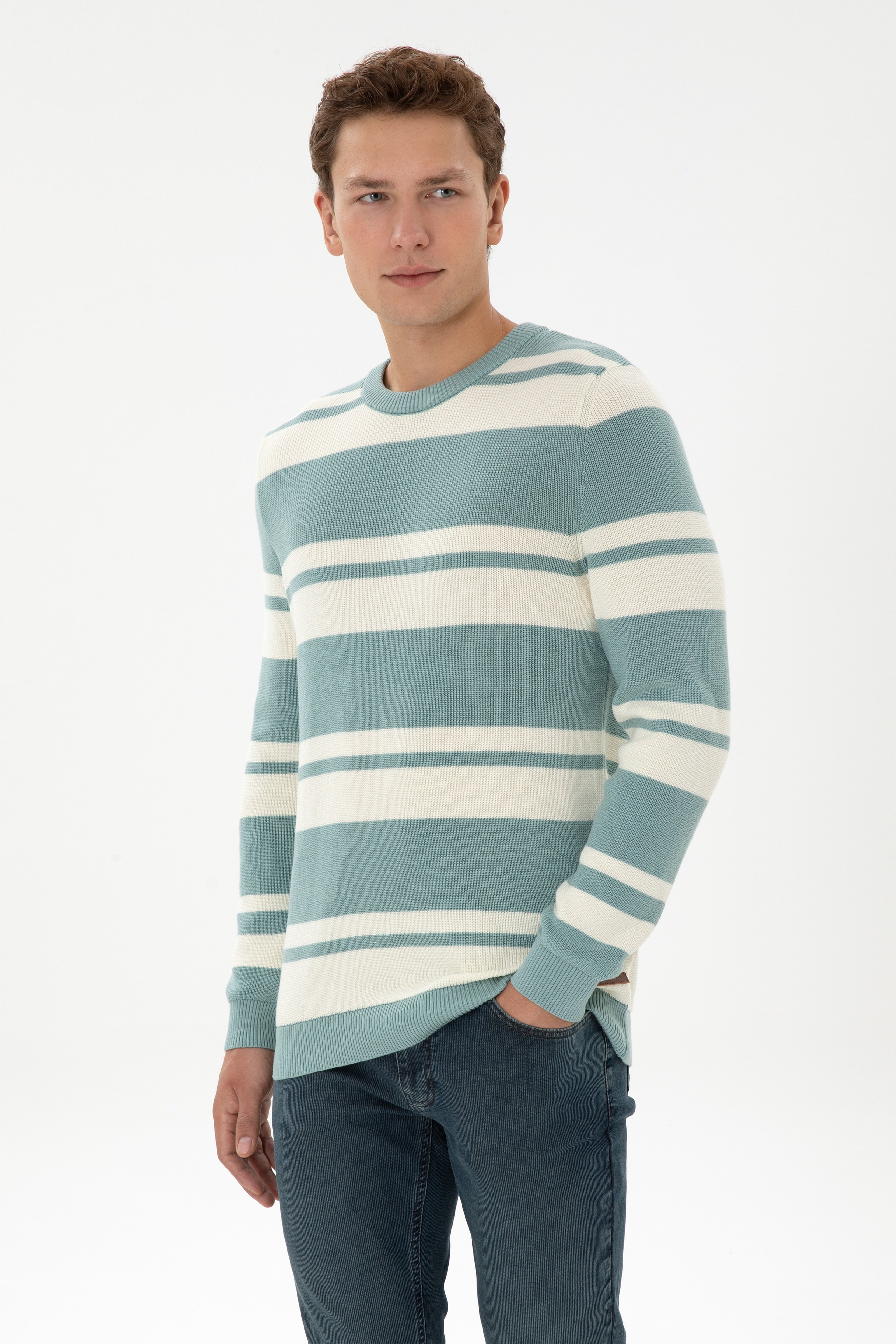 Erkek Regular Fit Bisiklet Yaka Mint Kazak