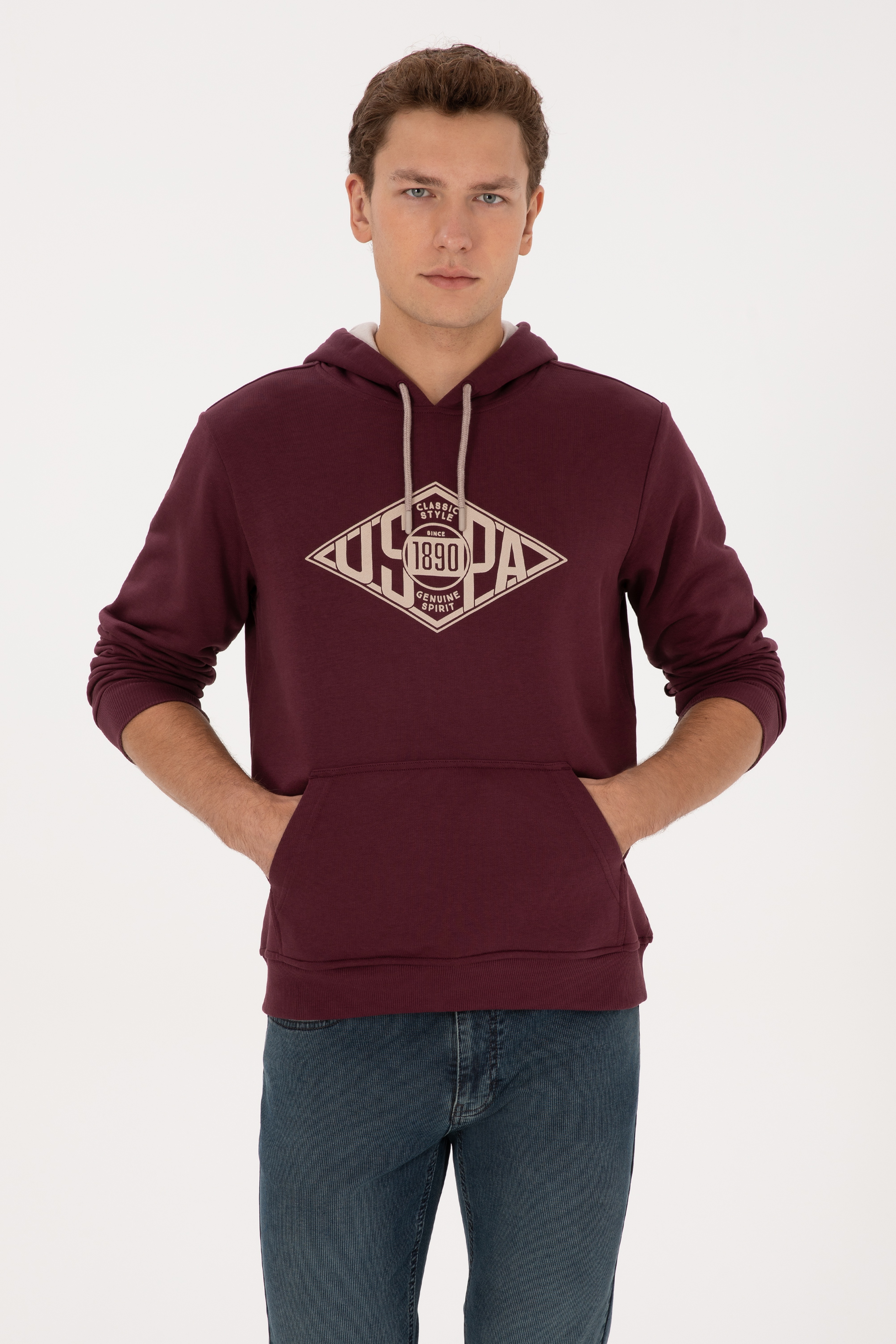 Erkek Regular Fit Kapüşonlu Bordo Sweatshirt - Image 1