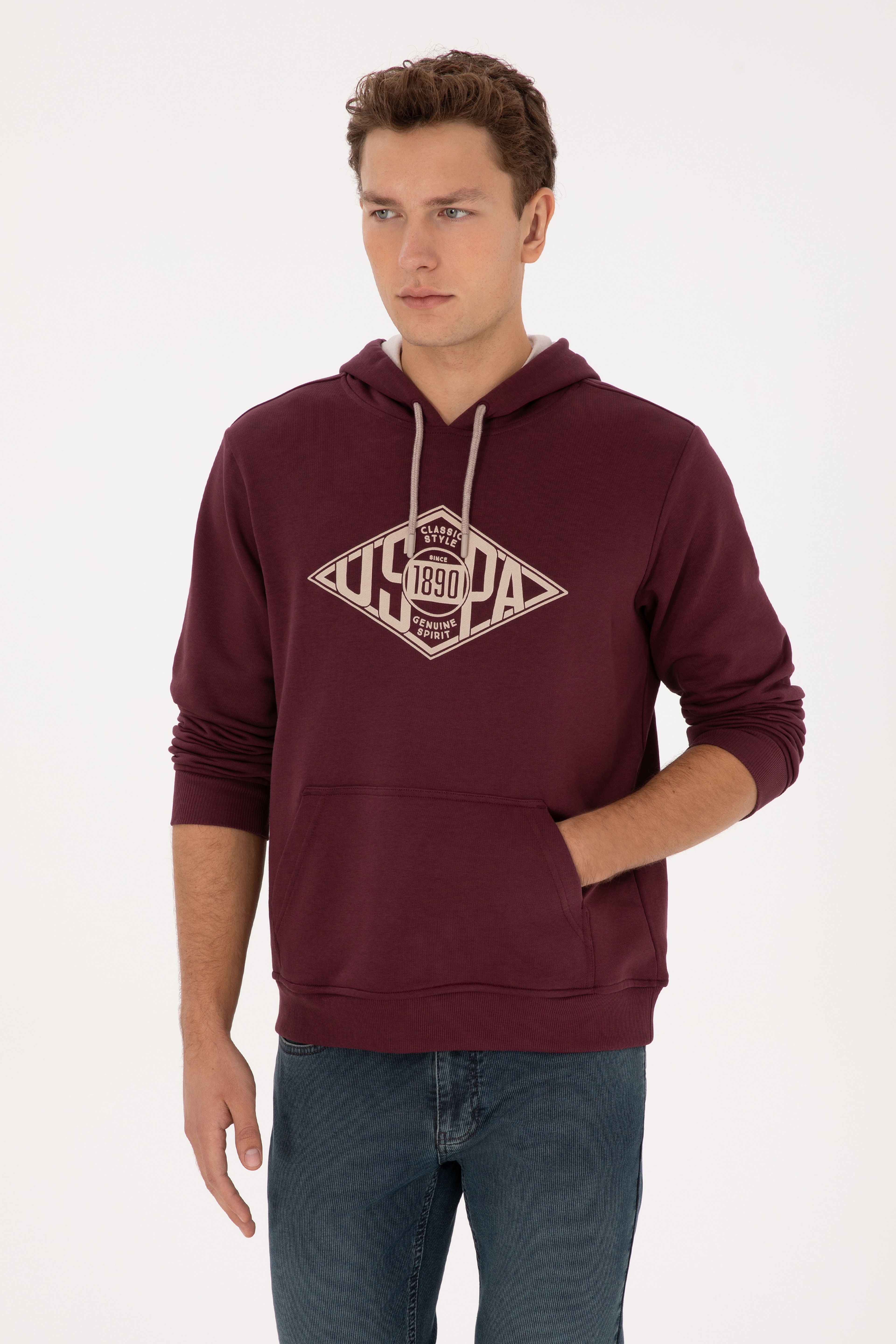 Erkek Regular Fit Kapüşonlu Bordo Sweatshirt - Image 3
