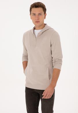 Erkek Regular Fit Yarım Fermuarlı Kapüşonlu Taş Sweatshirt - 50316391026