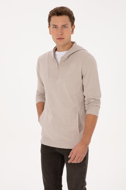Erkek Regular Fit Yarım Fermuarlı Kapüşonlu Taş Sweatshirt