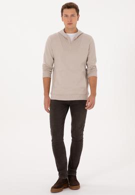 Erkek Regular Fit Yarım Fermuarlı Kapüşonlu Taş Sweatshirt - 50316391026