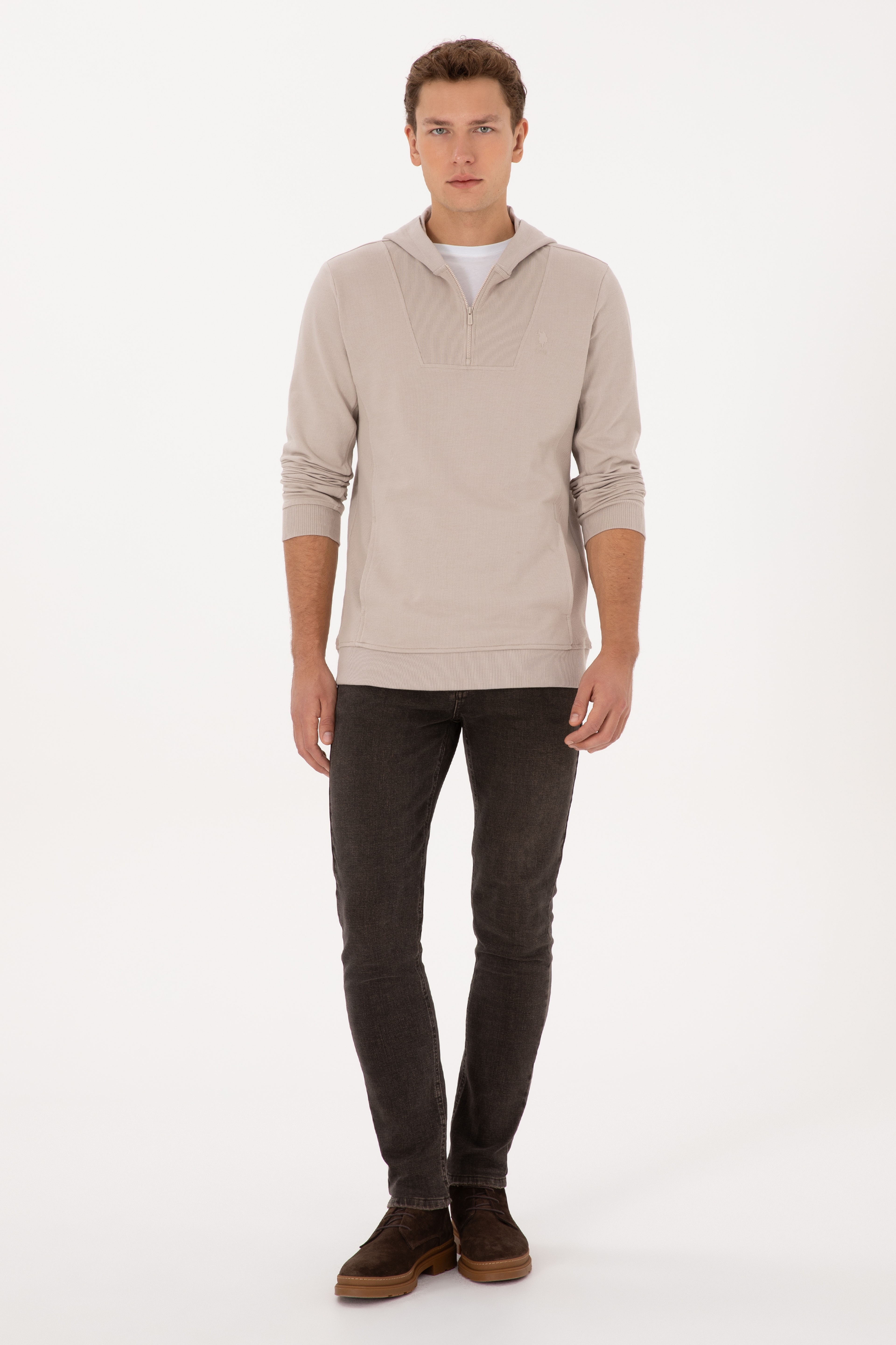Erkek Regular Fit Yarım Fermuarlı Kapüşonlu Taş Sweatshirt - Image 4