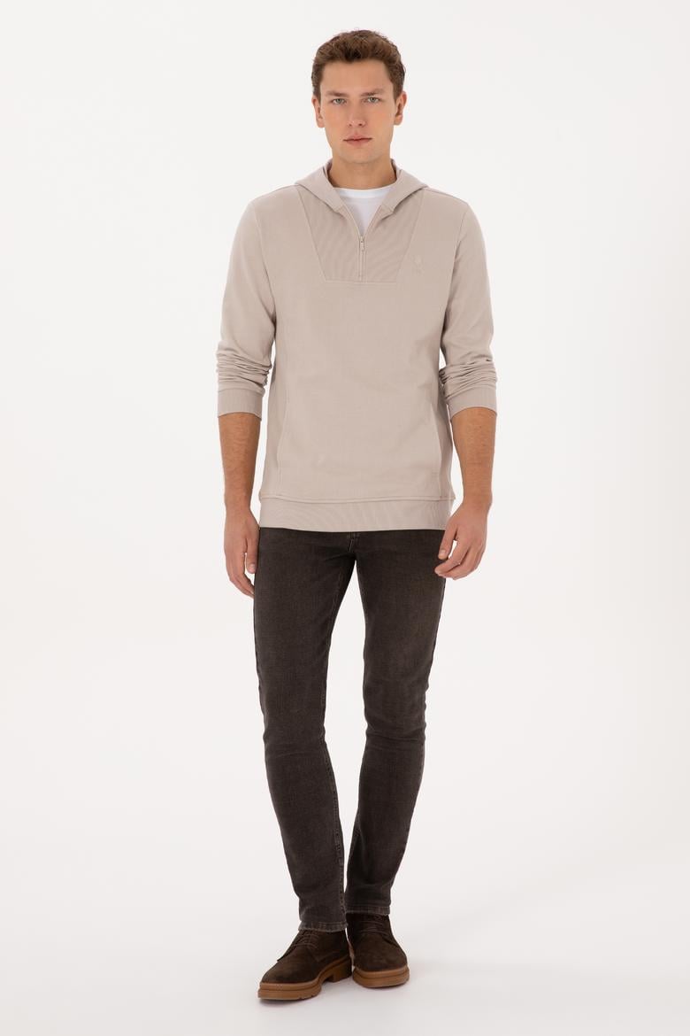 Erkek Regular Fit Yarım Fermuarlı Kapüşonlu Taş Sweatshirt - 50316391026