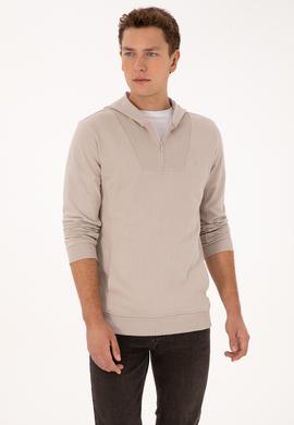 Erkek Regular Fit Yarım Fermuarlı Kapüşonlu Taş Sweatshirt - 50316391026