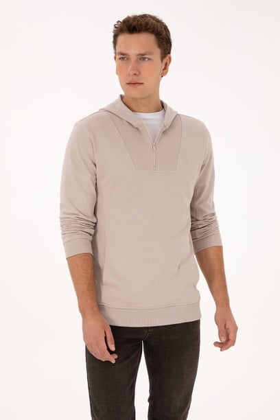 Erkek Regular Fit Yarım Fermuarlı Kapüşonlu Taş Sweatshirt