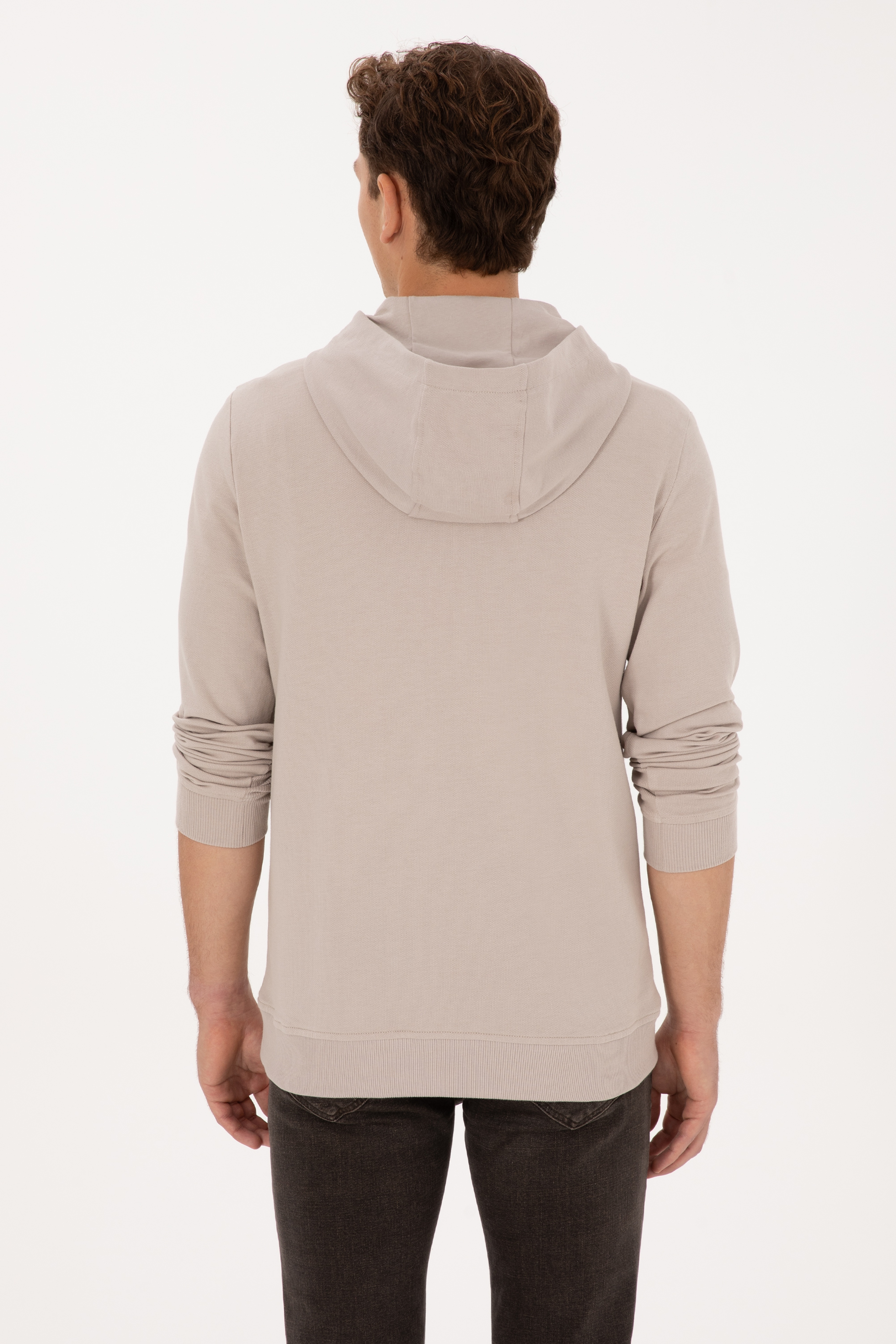 Erkek Regular Fit Yarım Fermuarlı Kapüşonlu Taş Sweatshirt - Image 5