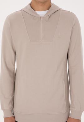 Erkek Regular Fit Yarım Fermuarlı Kapüşonlu Taş Sweatshirt - 50316391026
