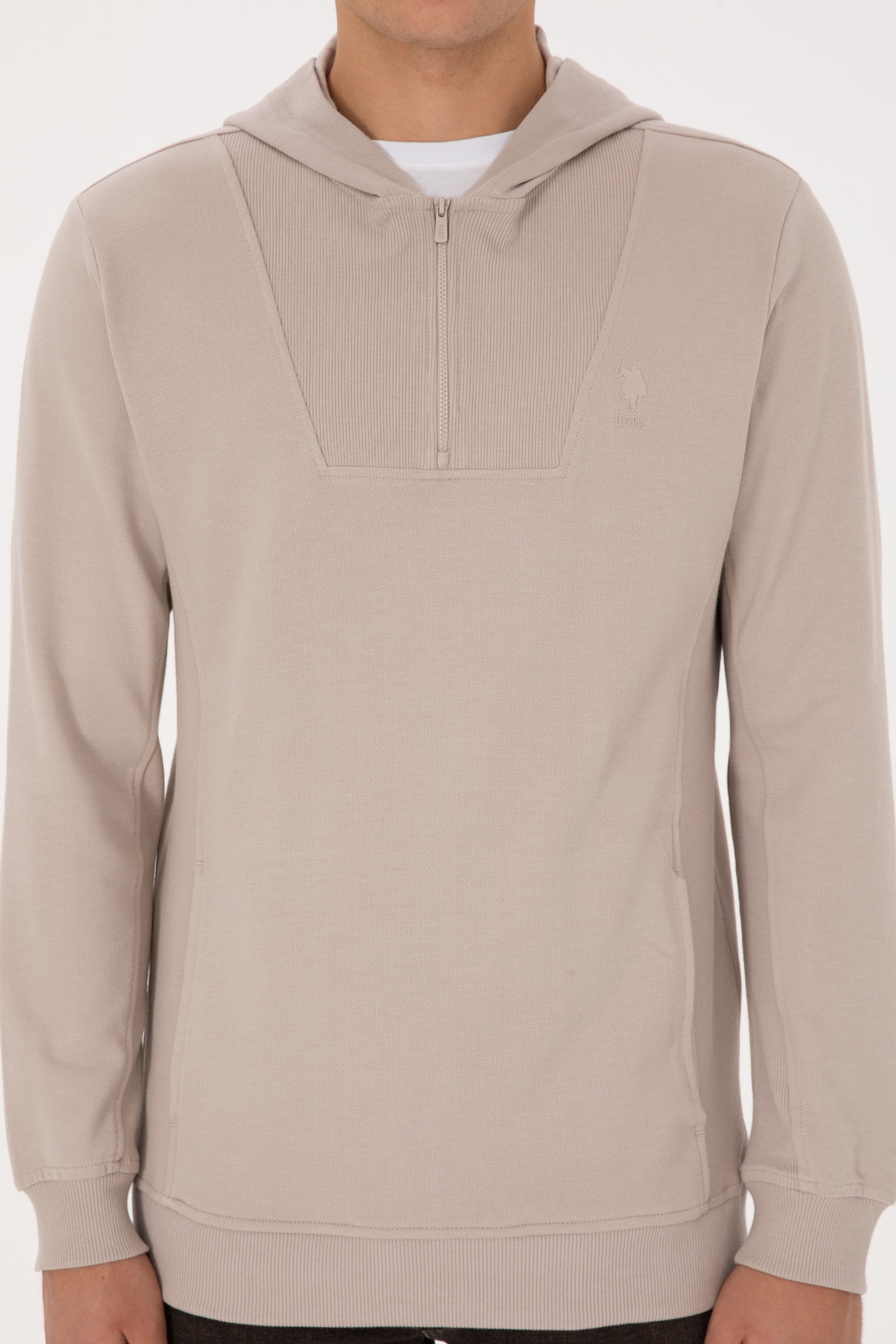 Erkek Regular Fit Yarım Fermuarlı Kapüşonlu Taş Sweatshirt - Image 6