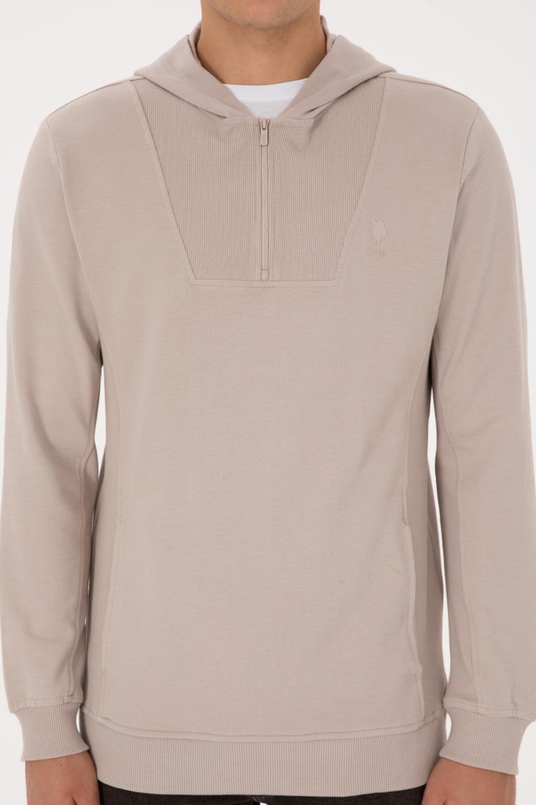 Erkek Regular Fit Yarım Fermuarlı Kapüşonlu Taş Sweatshirt - 50316391026