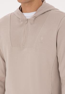 Erkek Regular Fit Yarım Fermuarlı Kapüşonlu Taş Sweatshirt - 50316391026