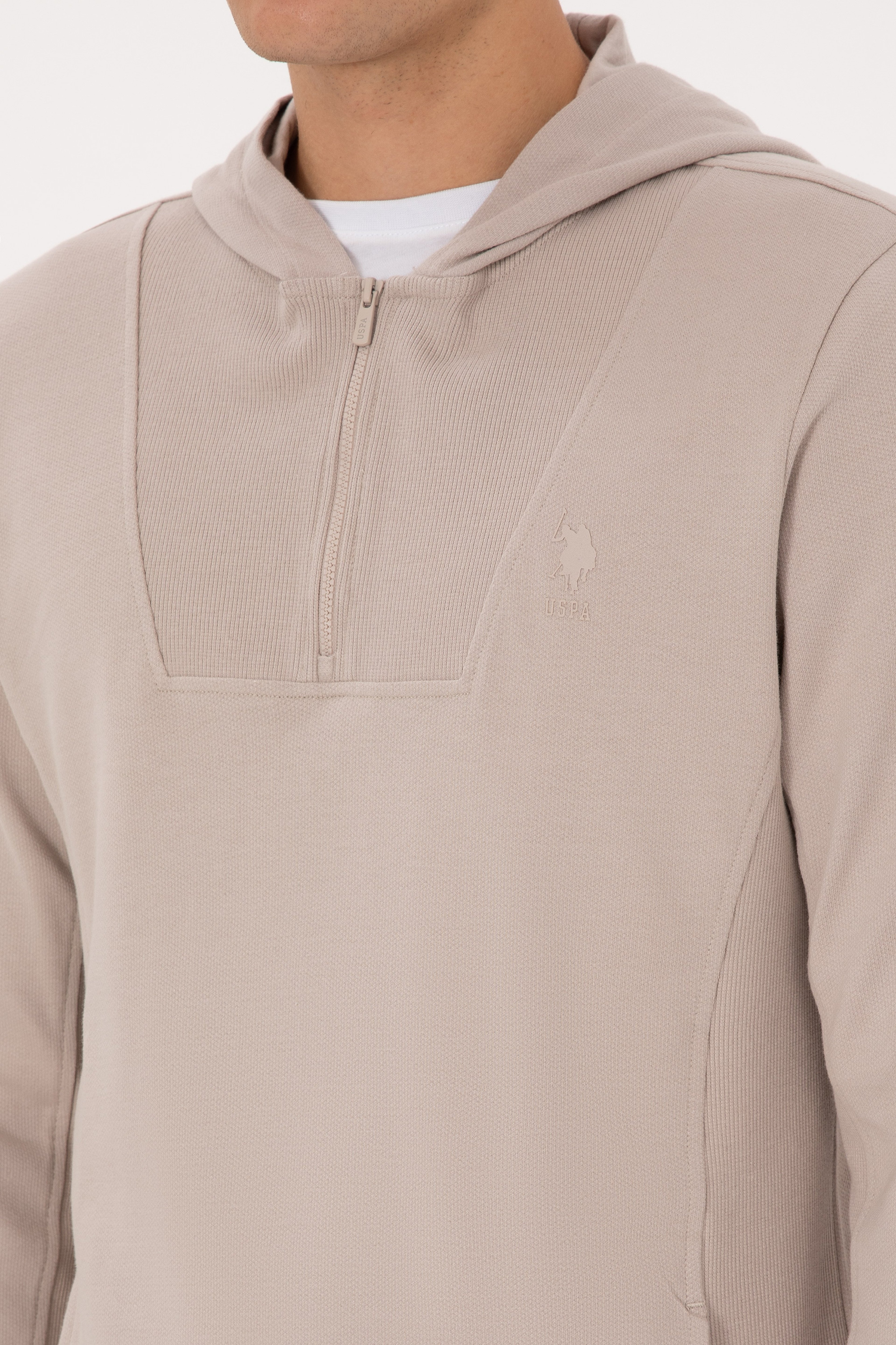 Erkek Regular Fit Yarım Fermuarlı Kapüşonlu Taş Sweatshirt