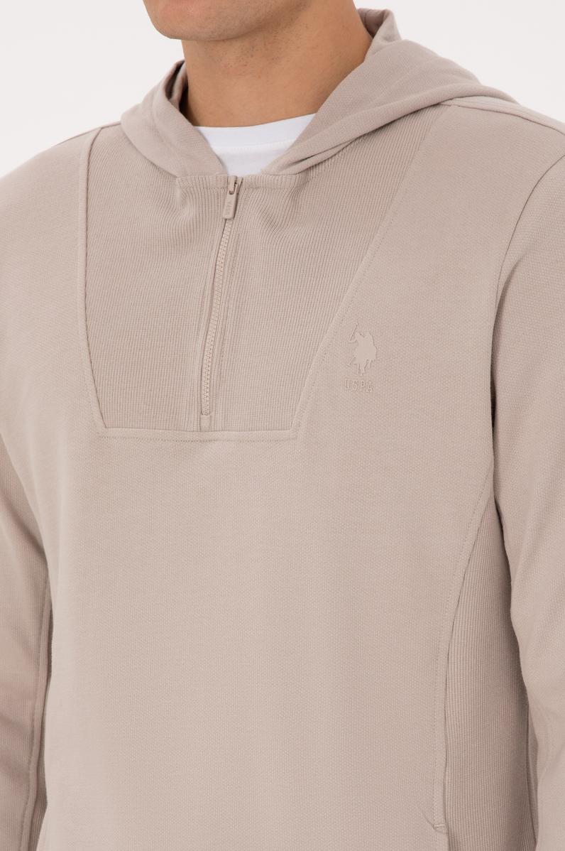 Erkek Regular Fit Yarım Fermuarlı Kapüşonlu Taş Sweatshirt