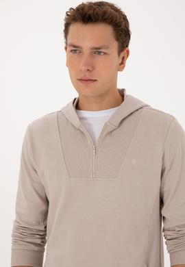 Erkek Regular Fit Yarım Fermuarlı Kapüşonlu Taş Sweatshirt - 50316391026