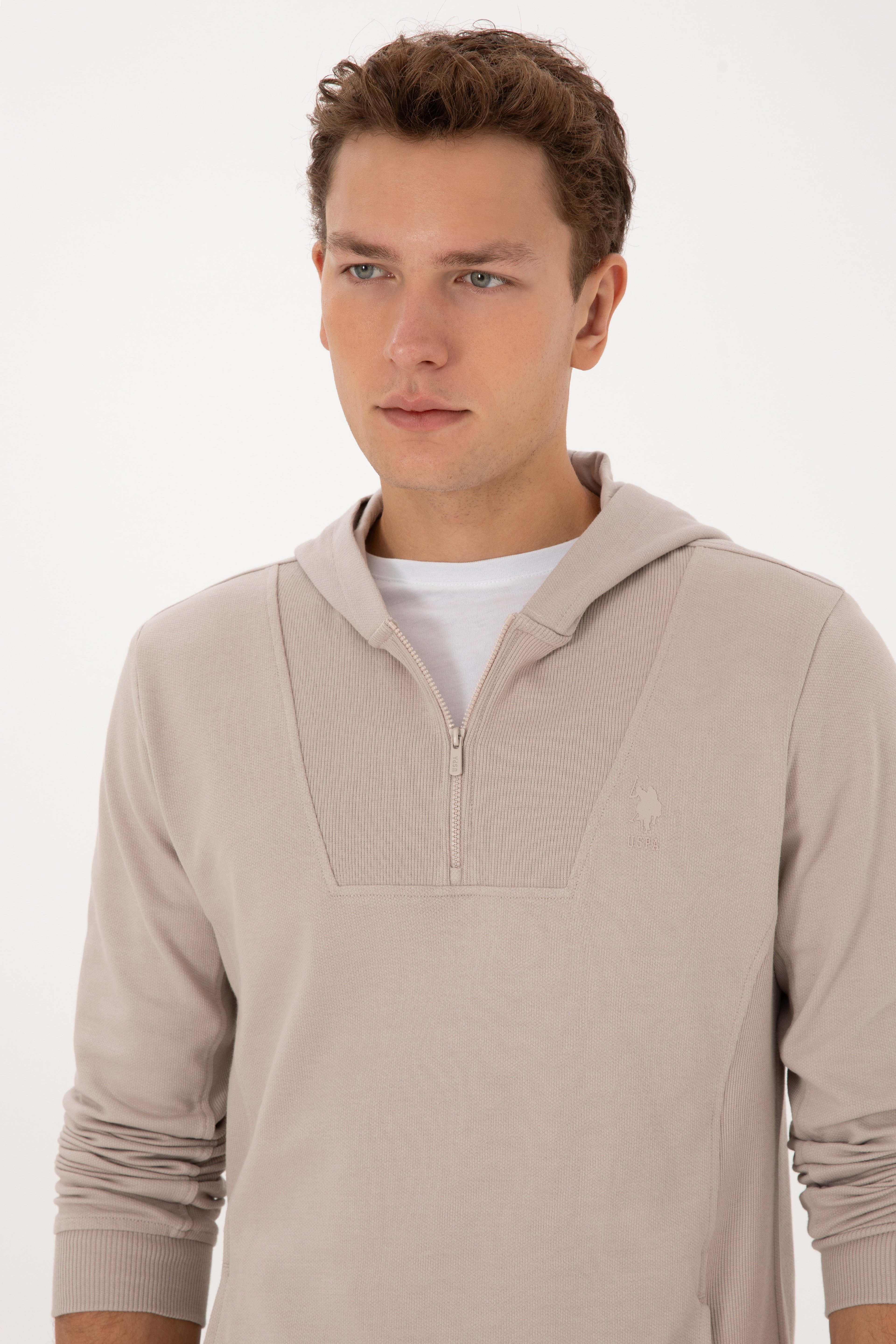 Erkek Regular Fit Yarım Fermuarlı Kapüşonlu Taş Sweatshirt