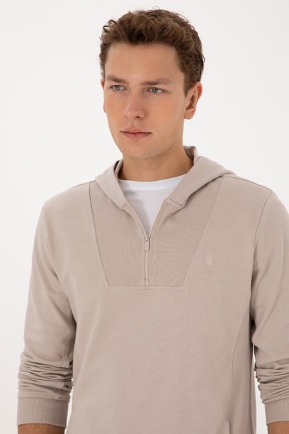 Erkek Regular Fit Yarım Fermuarlı Kapüşonlu Taş Sweatshirt