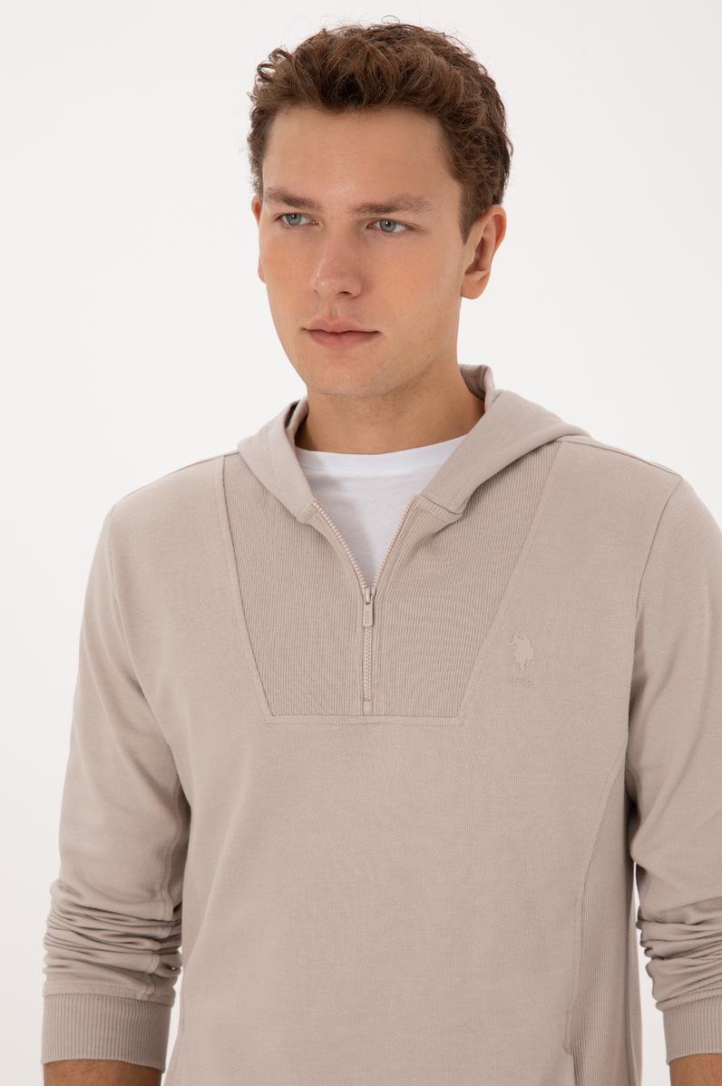 Erkek Regular Fit Yarım Fermuarlı Kapüşonlu Taş Sweatshirt