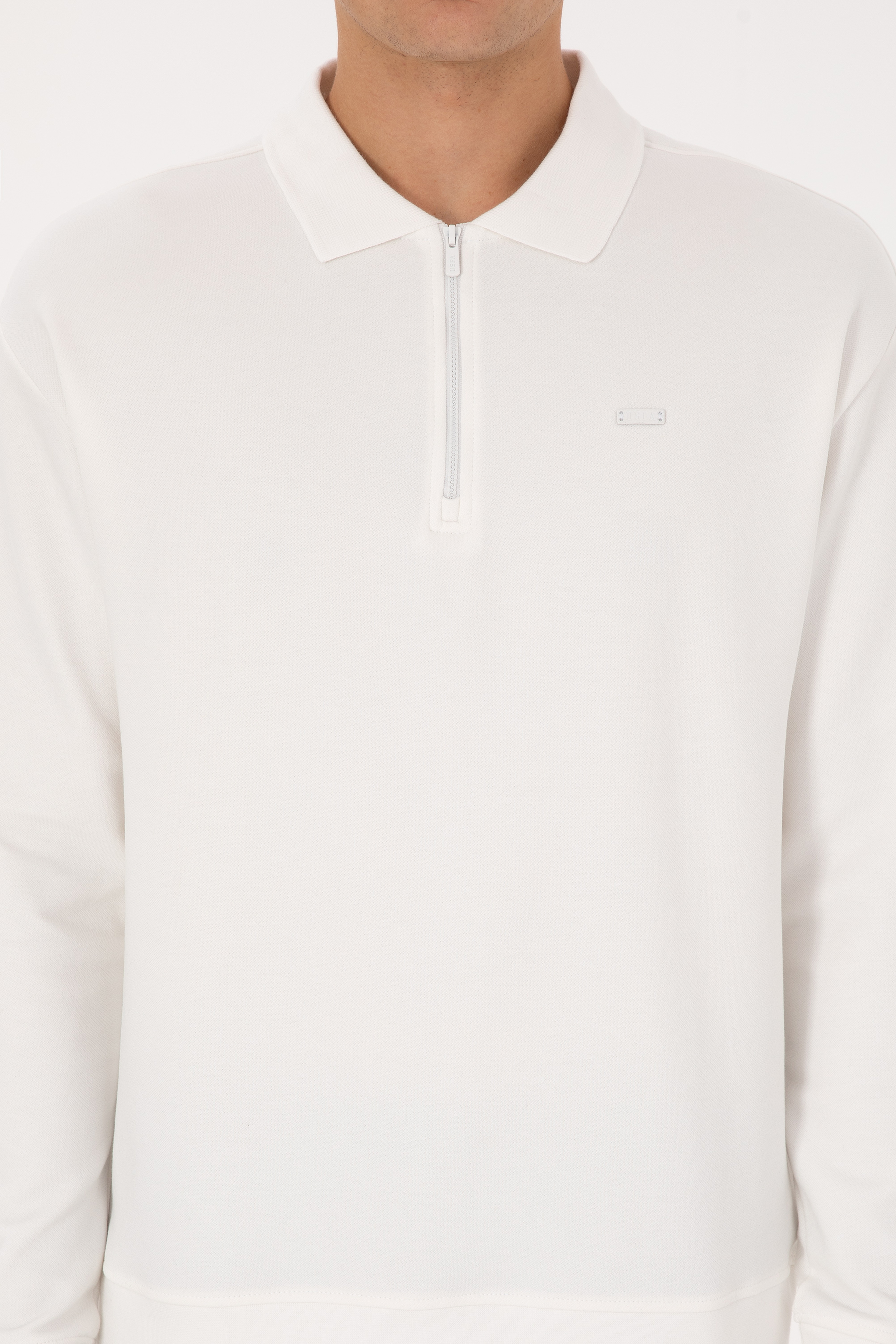 Erkek Comfort Fit Yarım Fermuarlı Beyaz Sweatshirt - Image 6