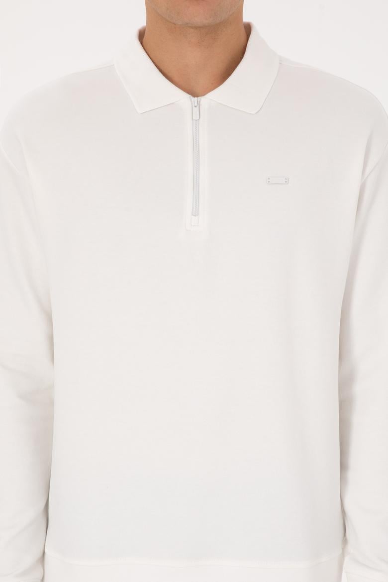 Erkek Comfort Fit Yarım Fermuarlı Beyaz Sweatshirt - 50316484016