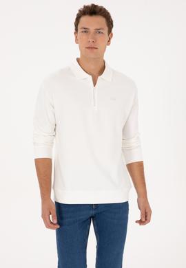 Erkek Comfort Fit Yarım Fermuarlı Beyaz Sweatshirt - 50316484016
