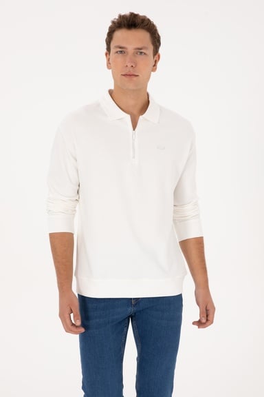 Erkek Comfort Fit Yarım Fermuarlı Beyaz Sweatshirt