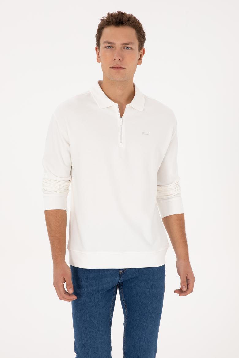 Erkek Comfort Fit Yarım Fermuarlı Beyaz Sweatshirt