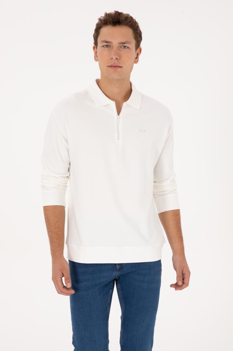 Erkek Comfort Fit Yarım Fermuarlı Beyaz Sweatshirt