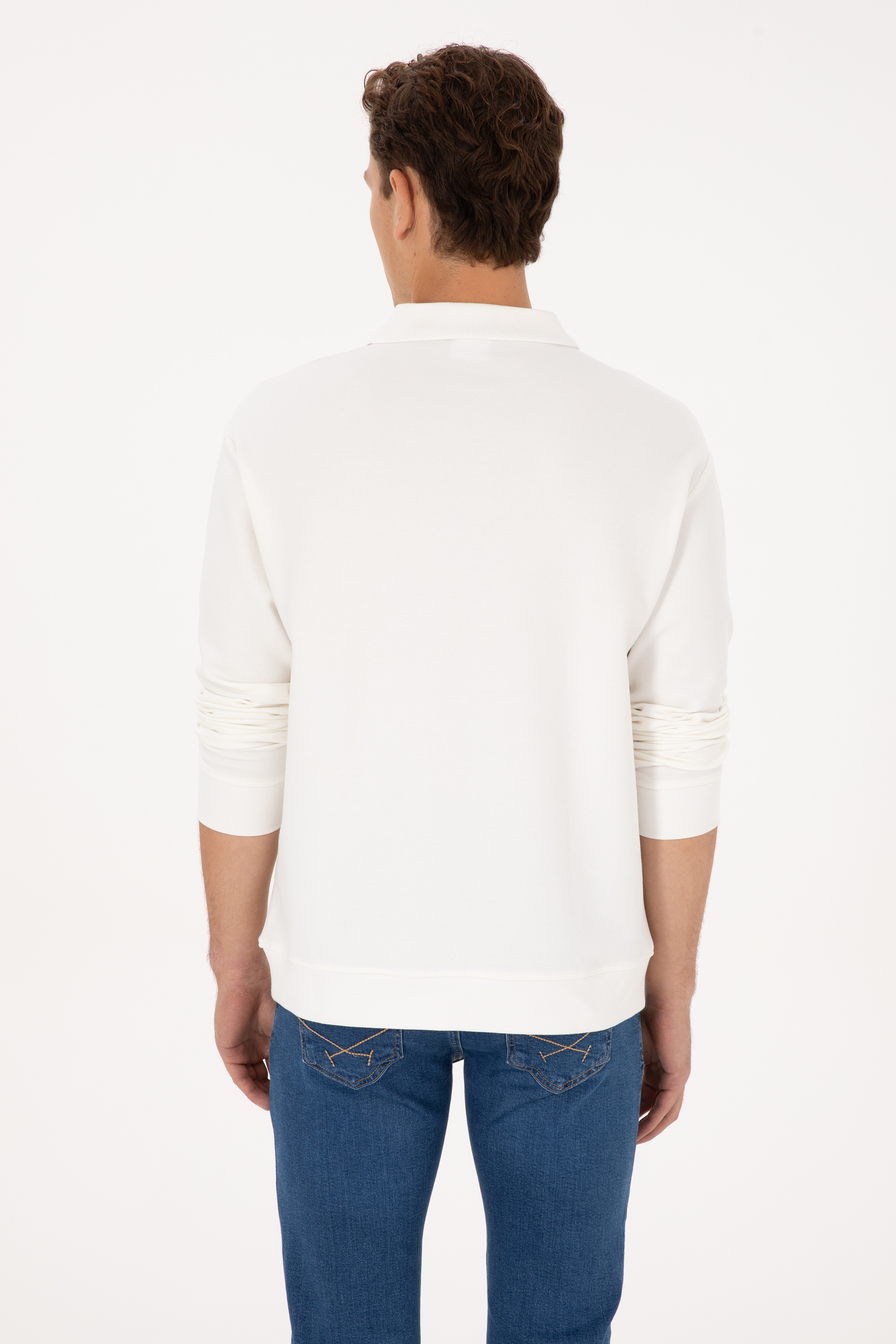 Erkek Comfort Fit Yarım Fermuarlı Beyaz Sweatshirt - Image 5