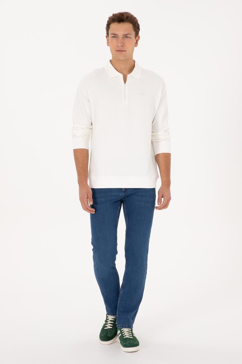 Erkek Comfort Fit Yarım Fermuarlı Beyaz Sweatshirt - 50316484016