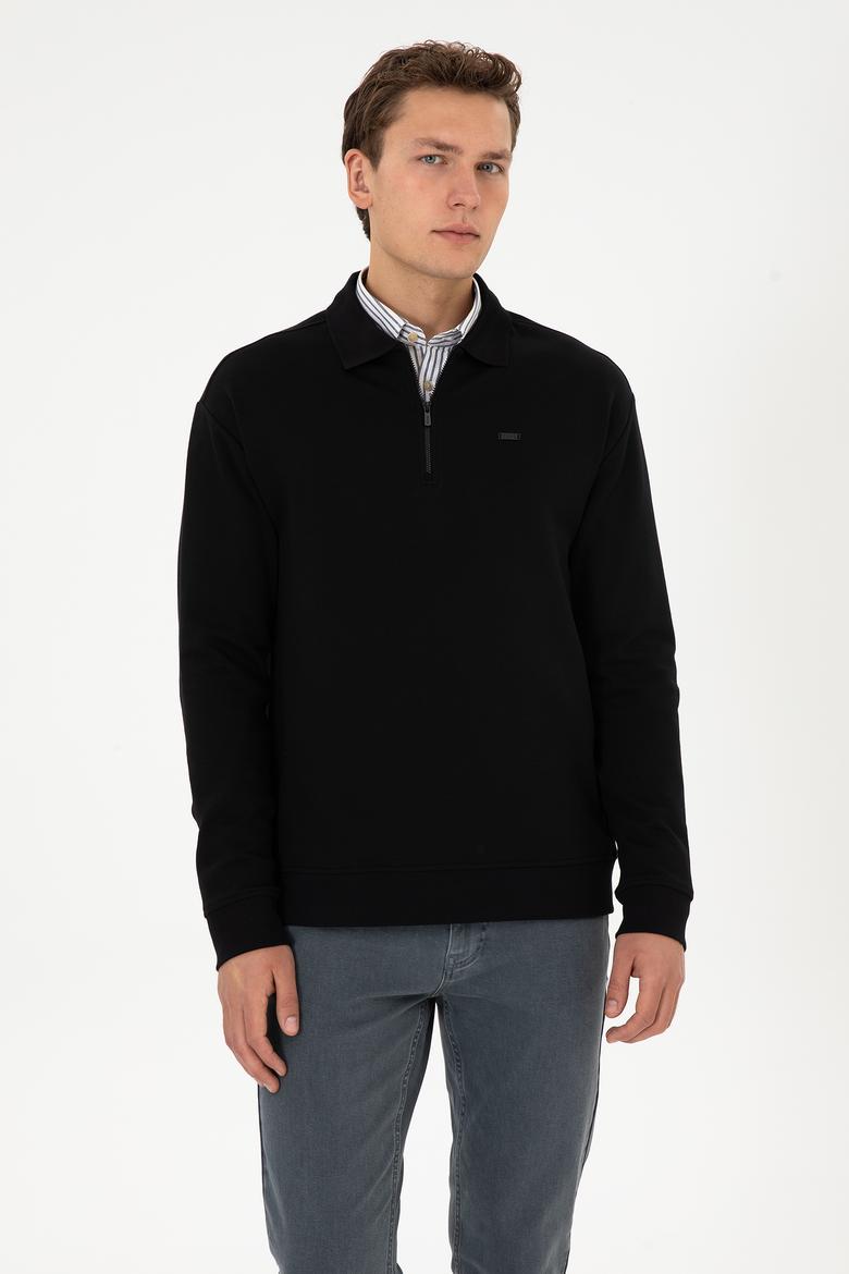 Erkek Comfort Fit Yarım Fermuarlı Siyah Sweatshirt