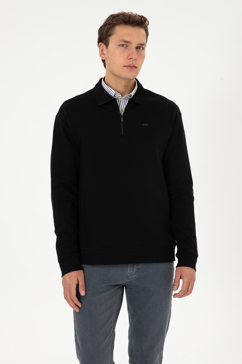 Erkek Comfort Fit Yarım Fermuarlı Siyah Sweatshirt