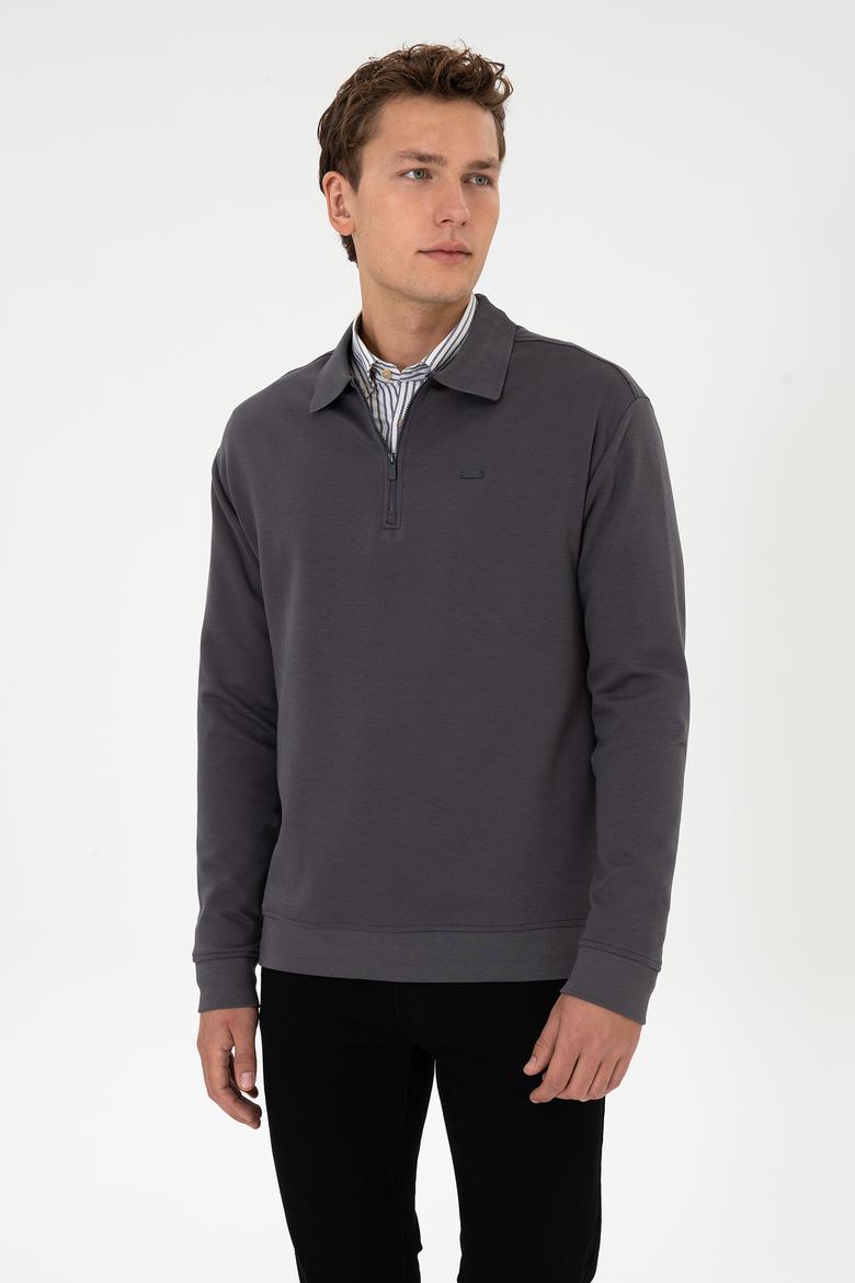 Erkek Comfort Fit Yarım Fermuarlı Gri Sweatshirt