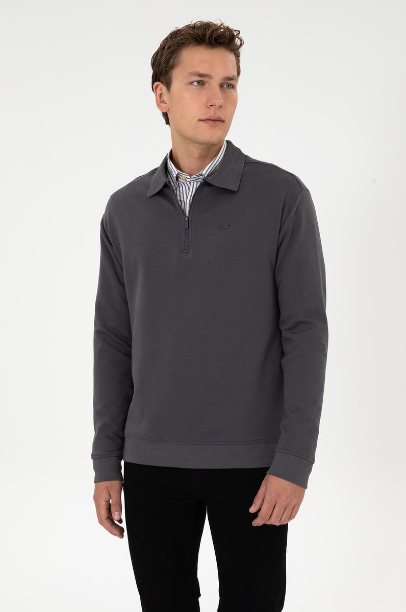Erkek Comfort Fit Yarım Fermuarlı Gri Sweatshirt