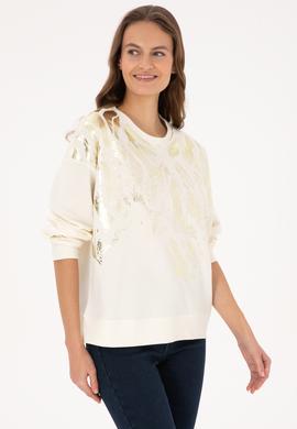 Kadın Krem Jakarlı Bisiklet Yaka Sweatshirt - 50312188005