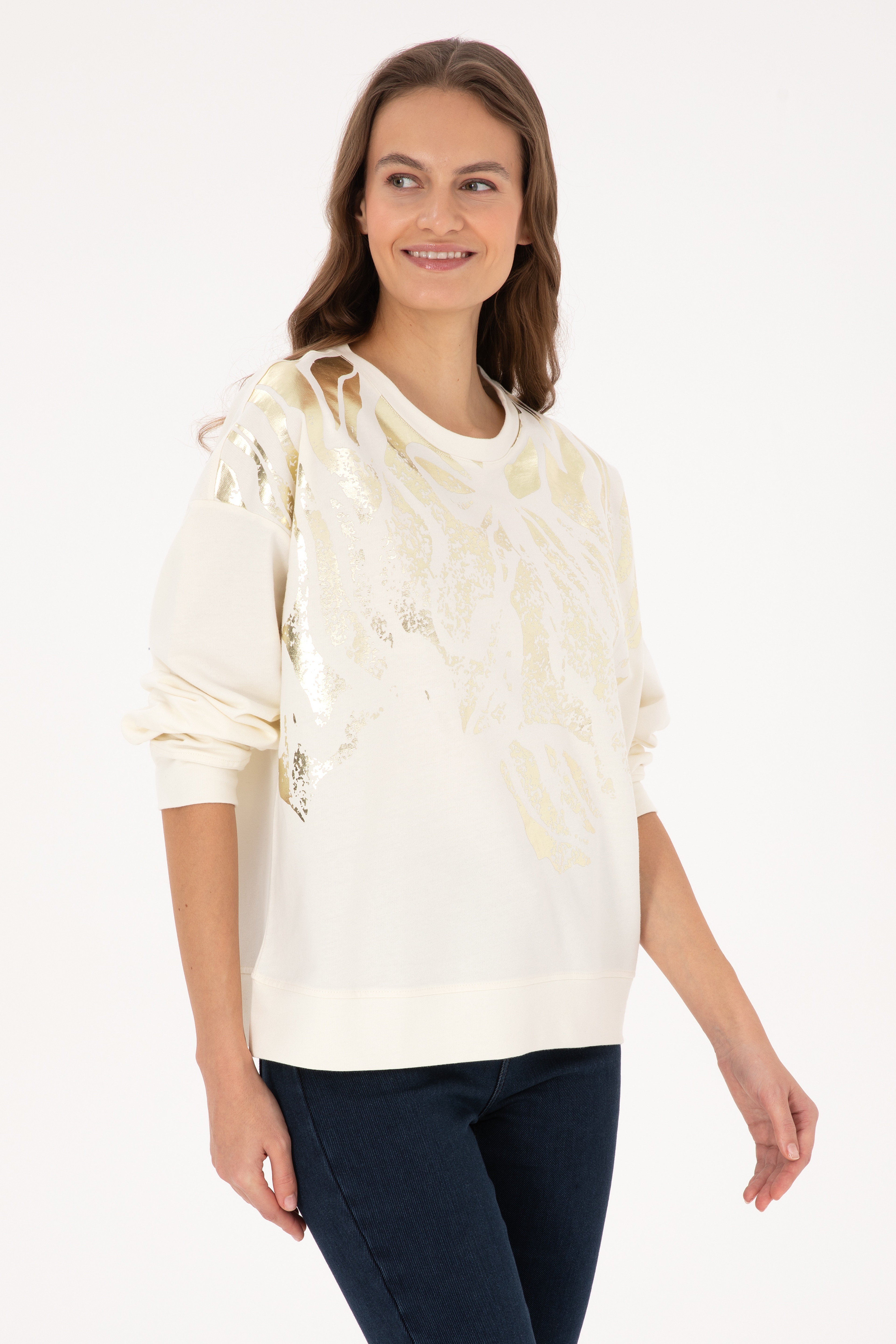 Kadın Krem Jakarlı Bisiklet Yaka Sweatshirt - Image 3