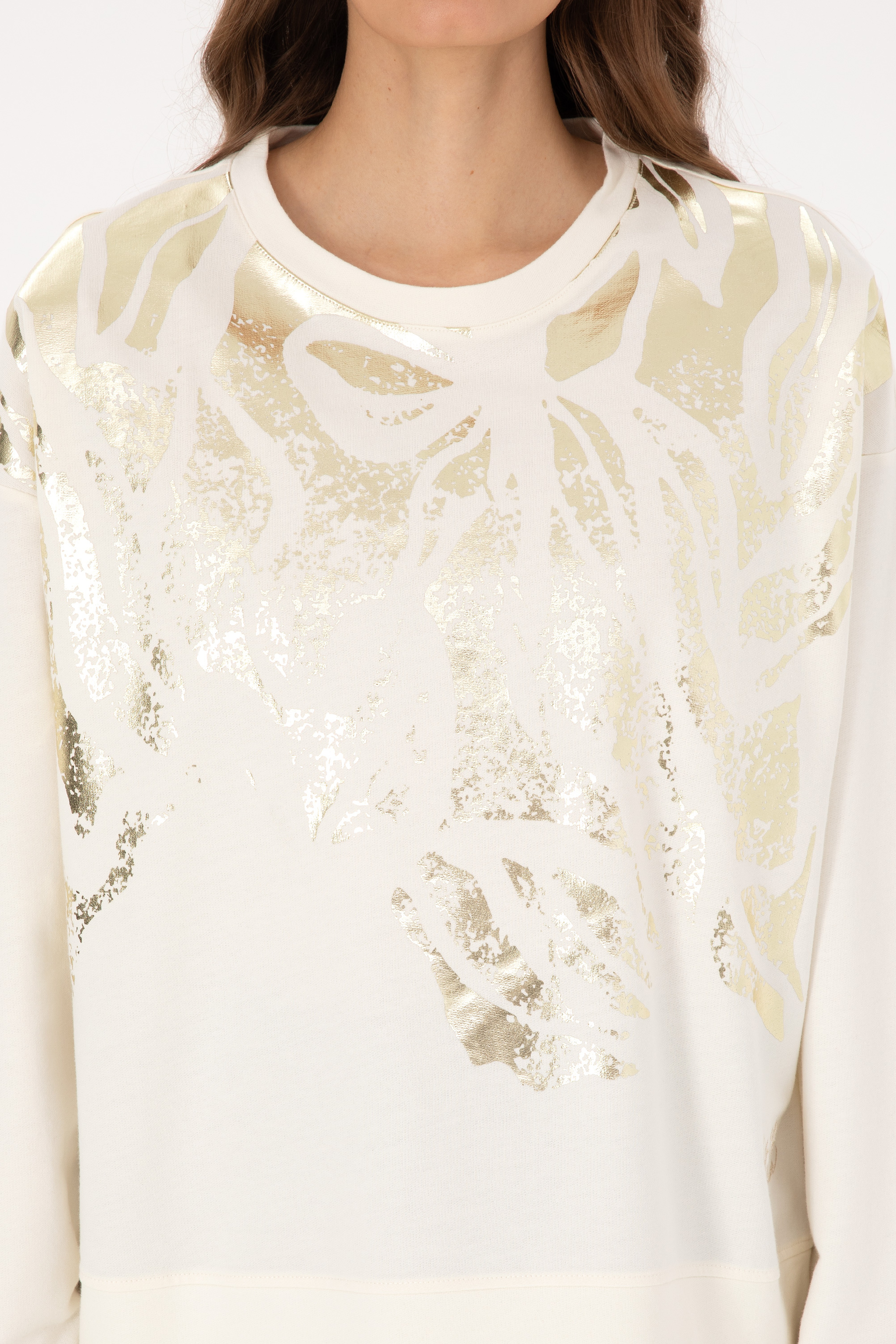 Kadın Krem Jakarlı Bisiklet Yaka Sweatshirt - Image 6