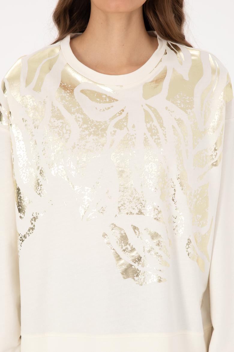 Kadın Krem Jakarlı Bisiklet Yaka Sweatshirt - 50312188005