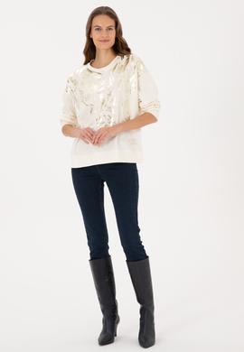 Kadın Krem Jakarlı Bisiklet Yaka Sweatshirt - 50312188005