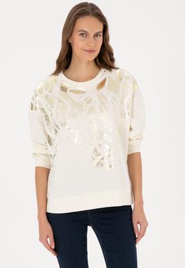 Kadın Krem Jakarlı Bisiklet Yaka Sweatshirt - 50312188005