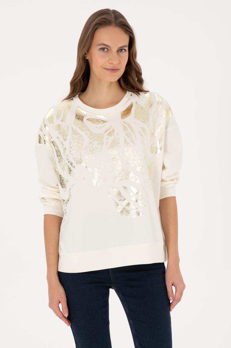 Kadın Krem Jakarlı Bisiklet Yaka Sweatshirt