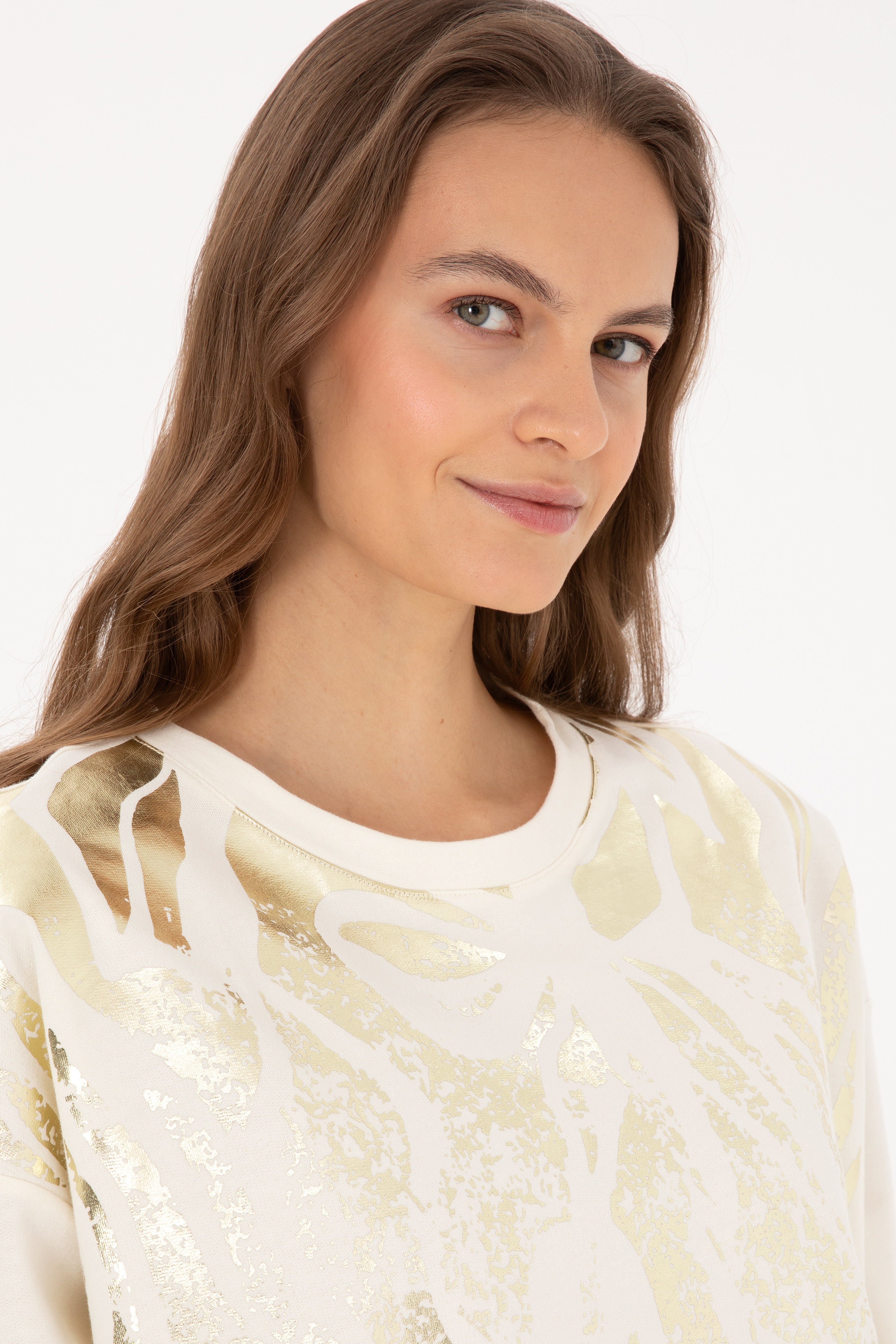 Kadın Krem Jakarlı Bisiklet Yaka Sweatshirt - Image 2