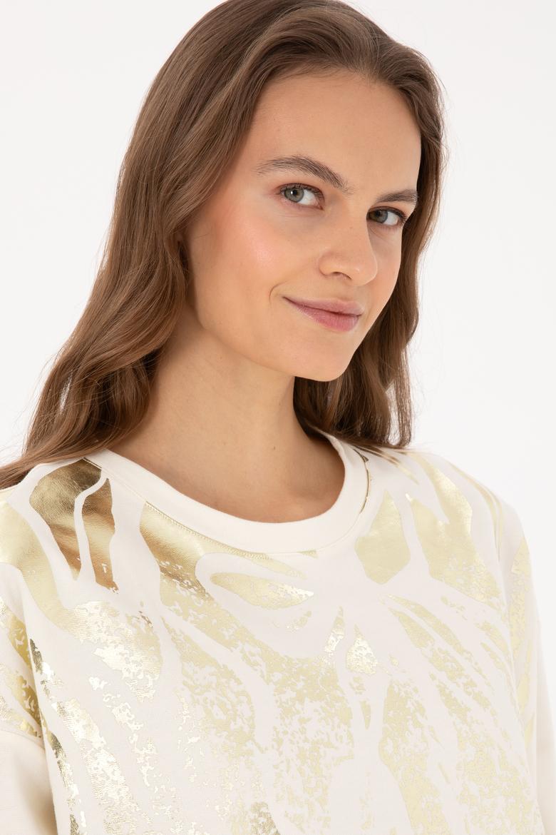 Kadın Krem Jakarlı Bisiklet Yaka Sweatshirt - 50312188005