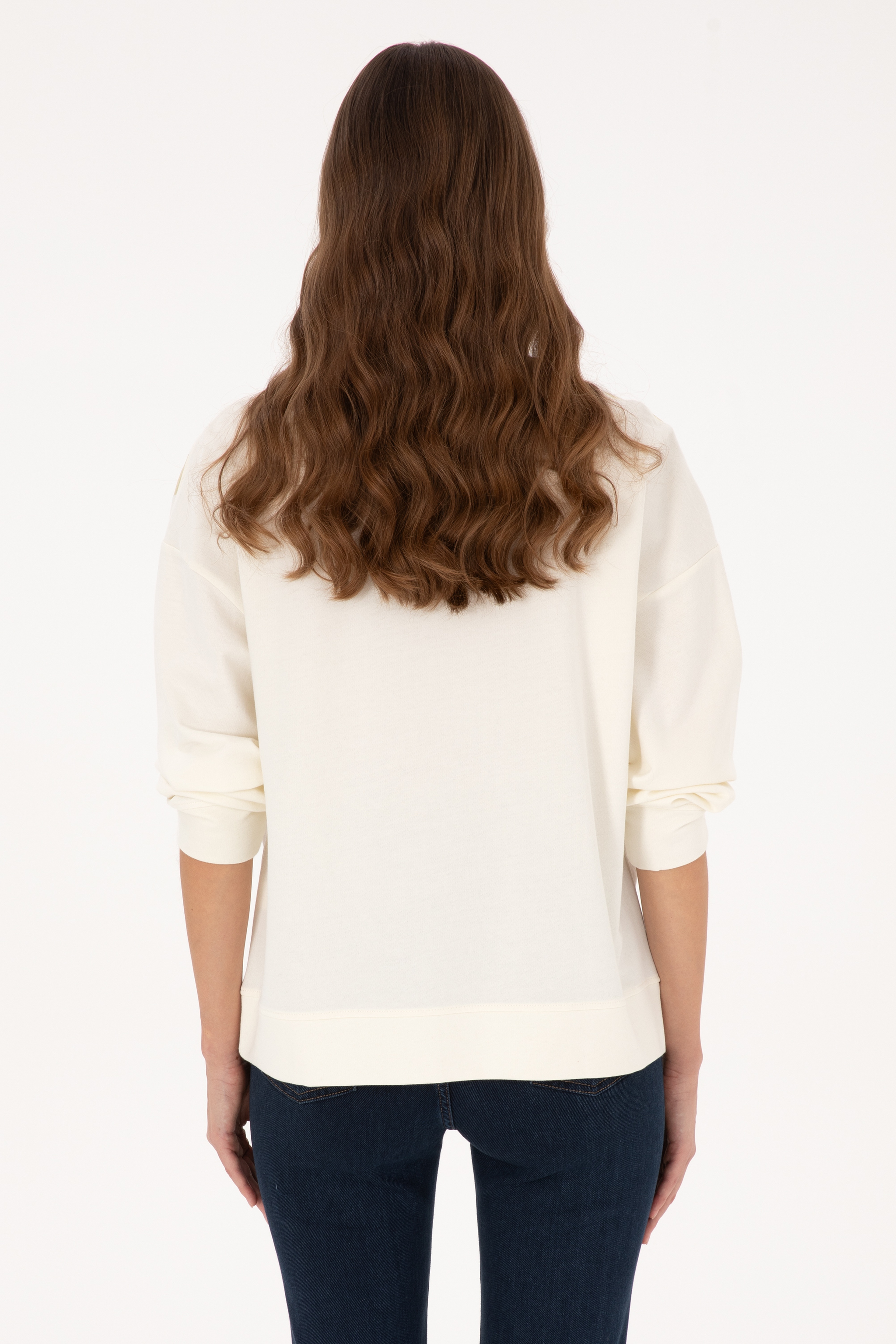Kadın Krem Jakarlı Bisiklet Yaka Sweatshirt - Image 5