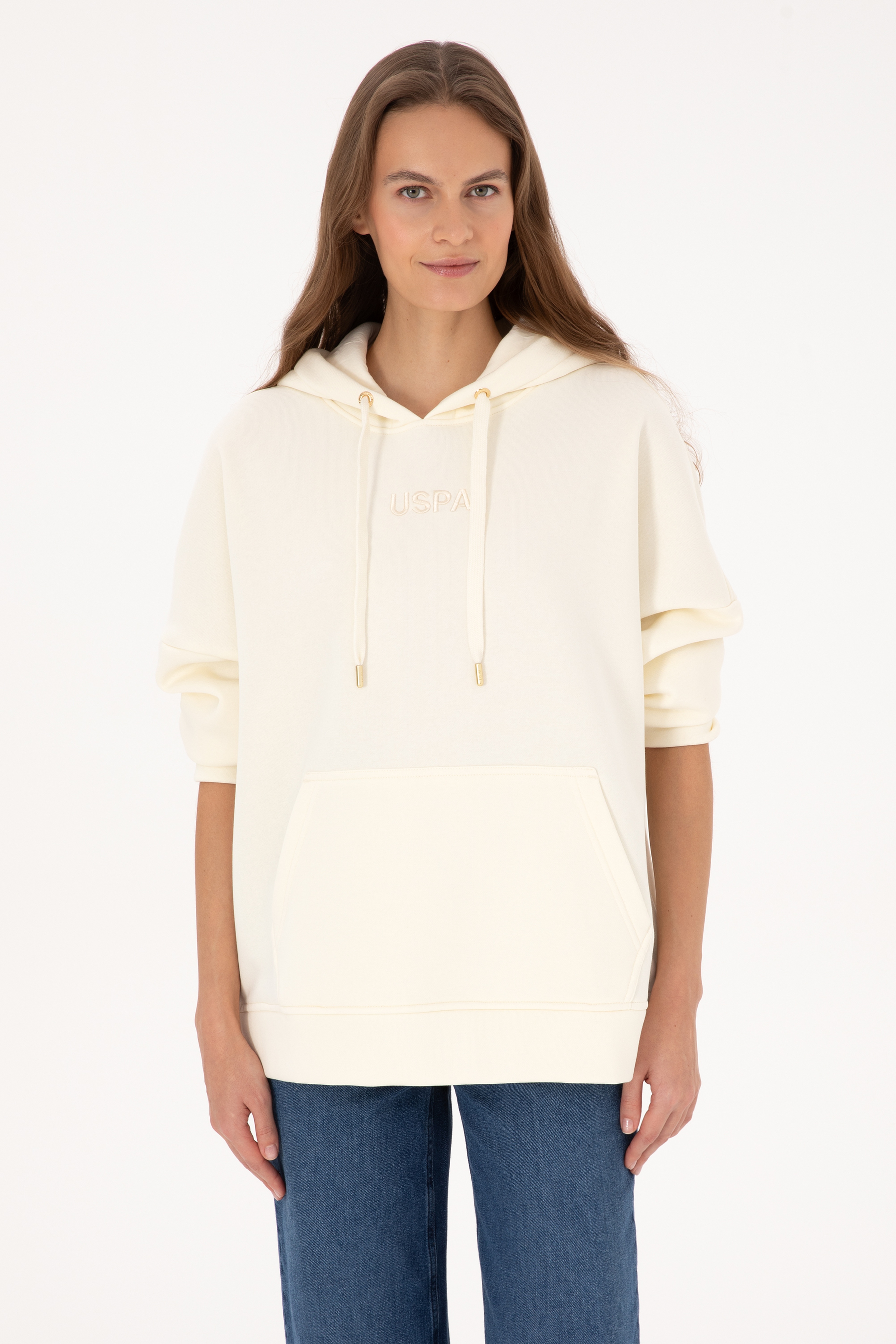 Kadın Krem Kapüşonlu Sweatshirt - Image 3
