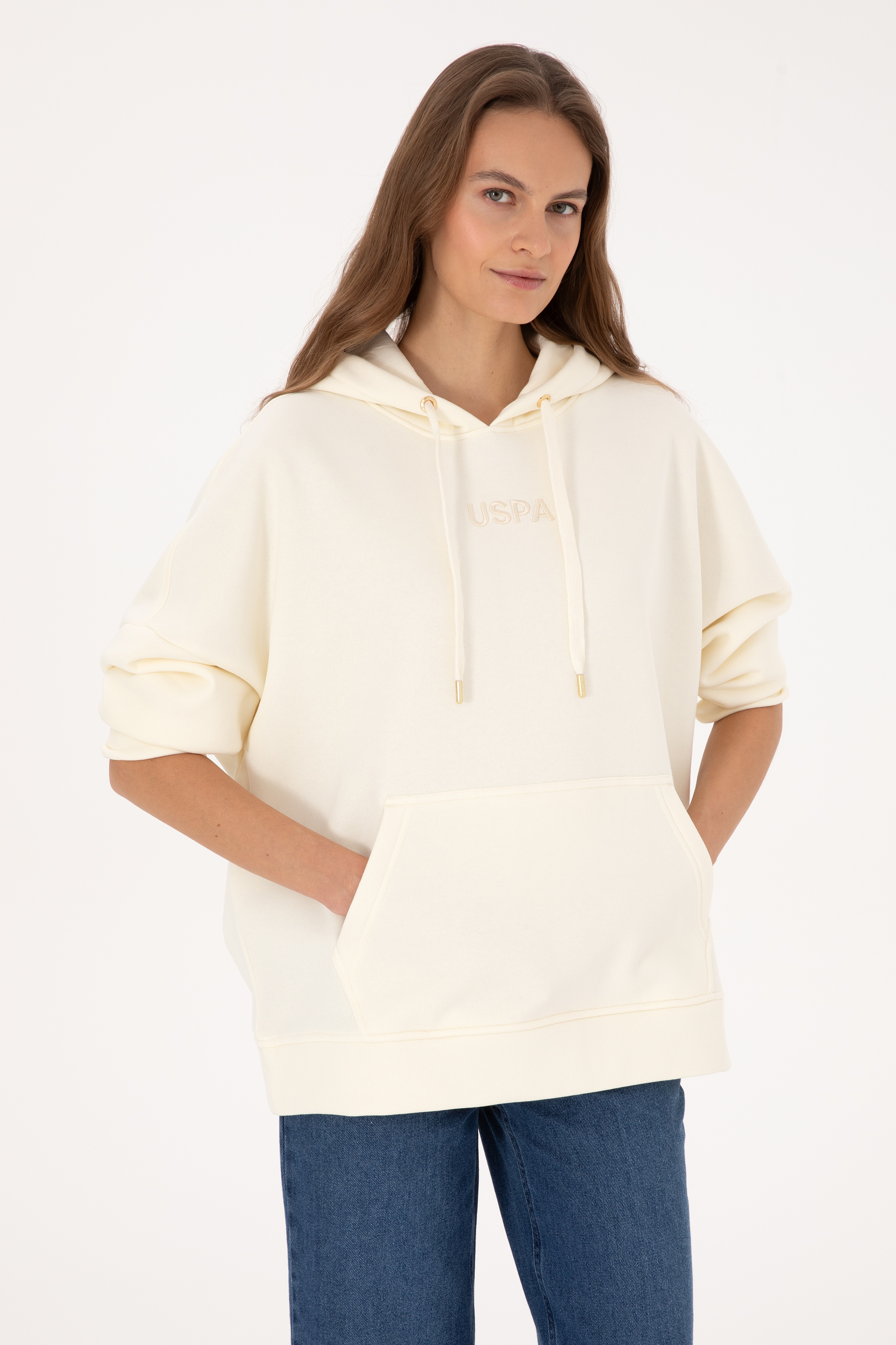 Kadın Krem Kapüşonlu Sweatshirt - Image 1
