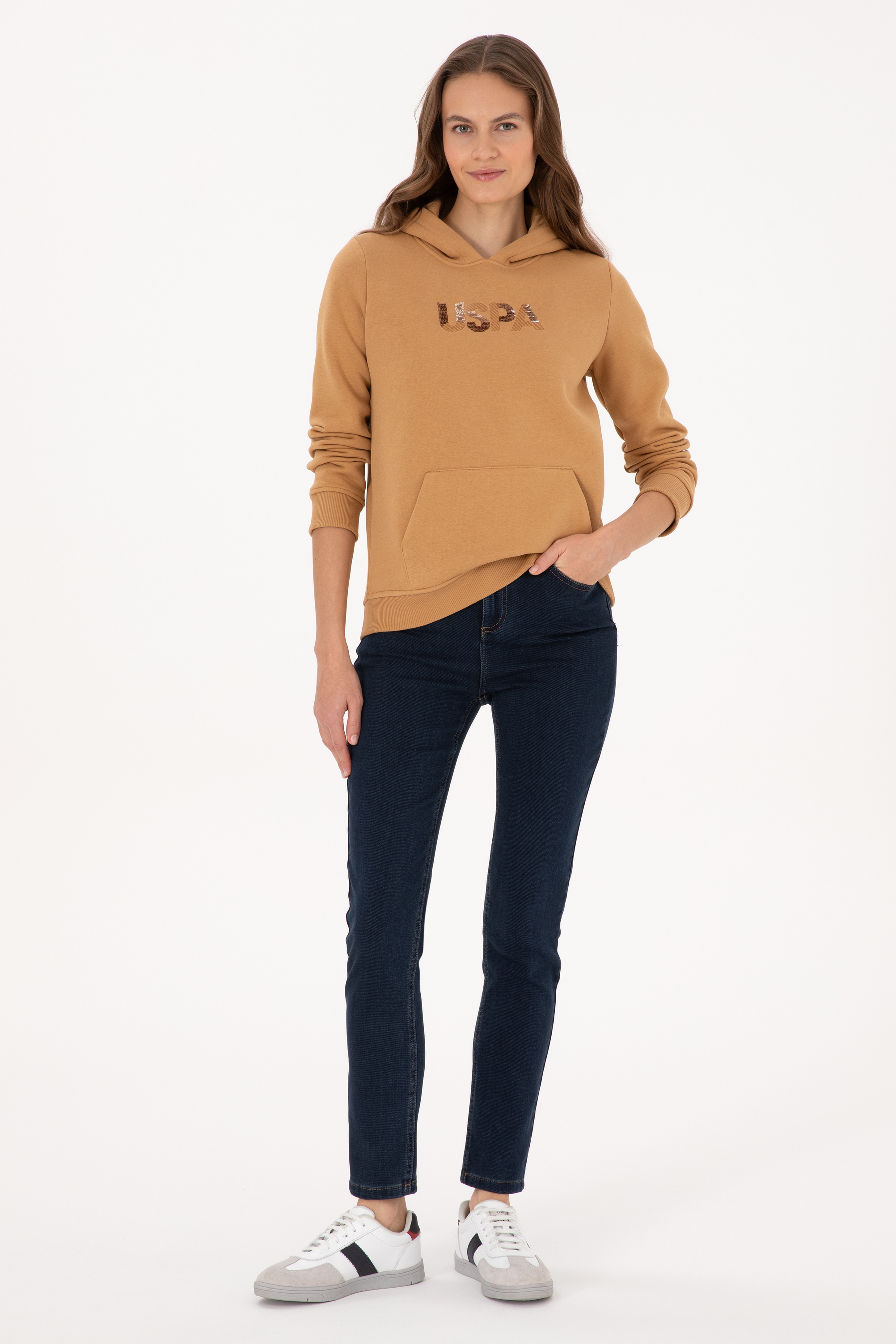 Kadın Camel Kapüşonlu Basic Sweatshirt - Image 4