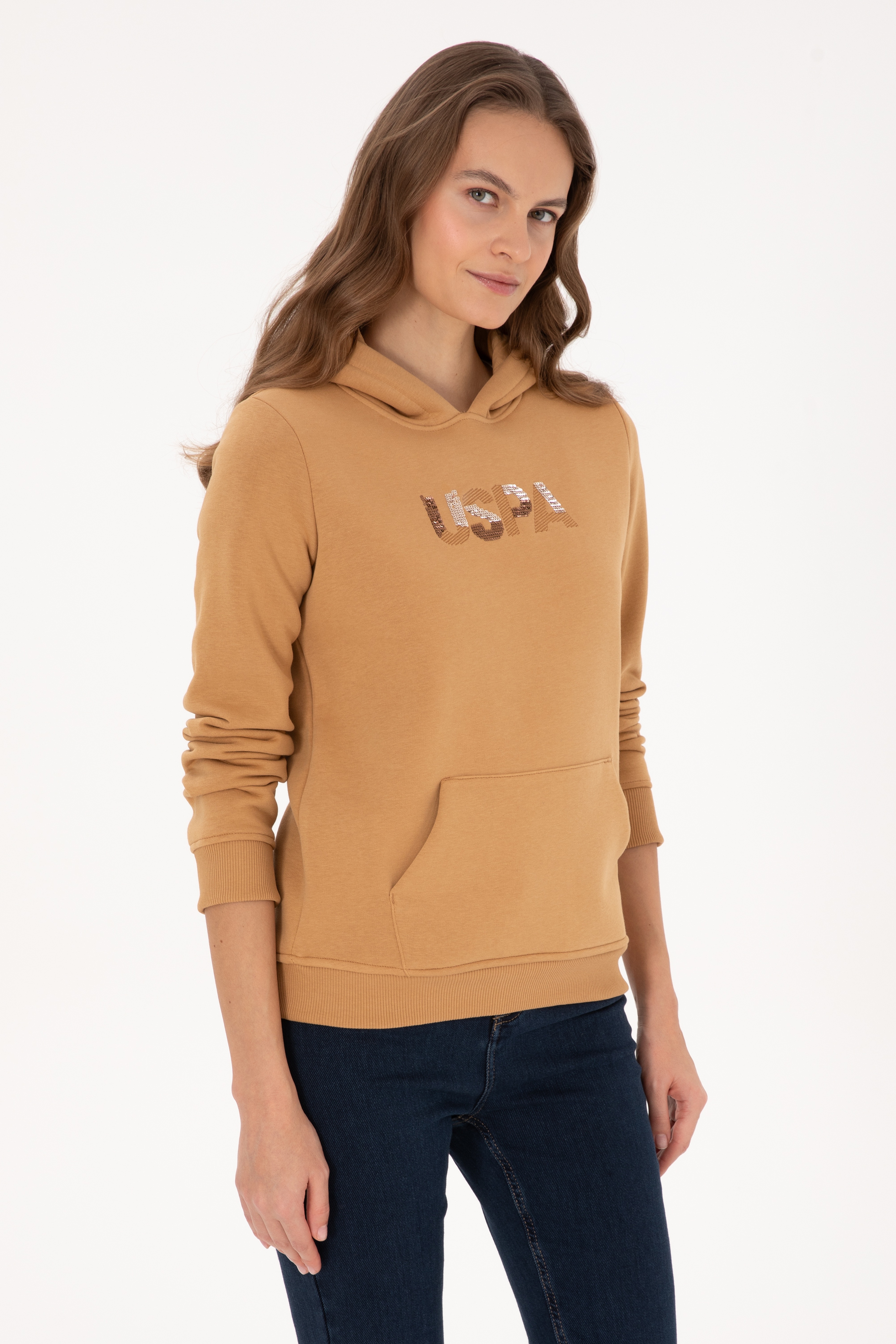 Kadın Camel Kapüşonlu Basic Sweatshirt - Image 3