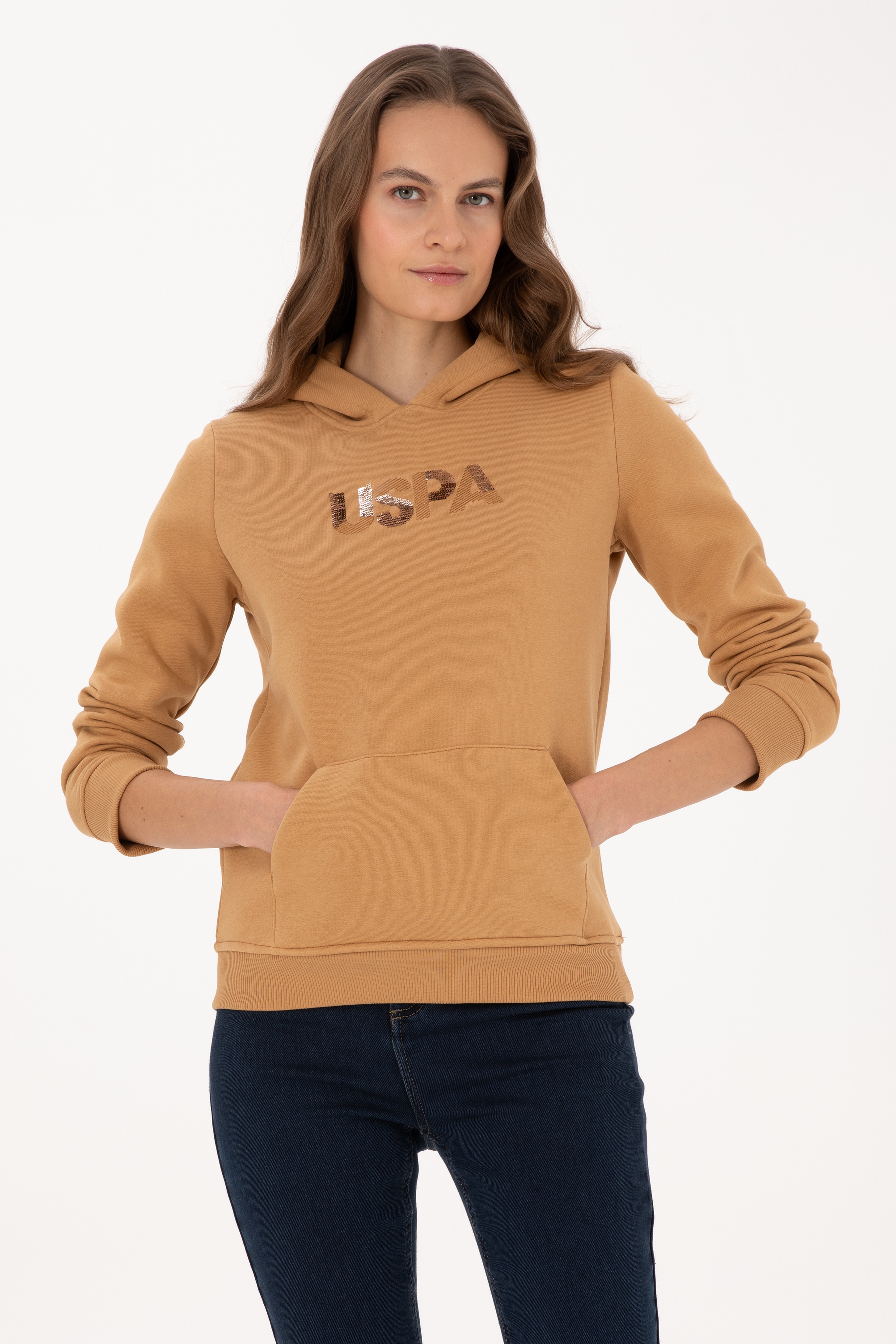 Kadın Camel Kapüşonlu Basic Sweatshirt - Image 1