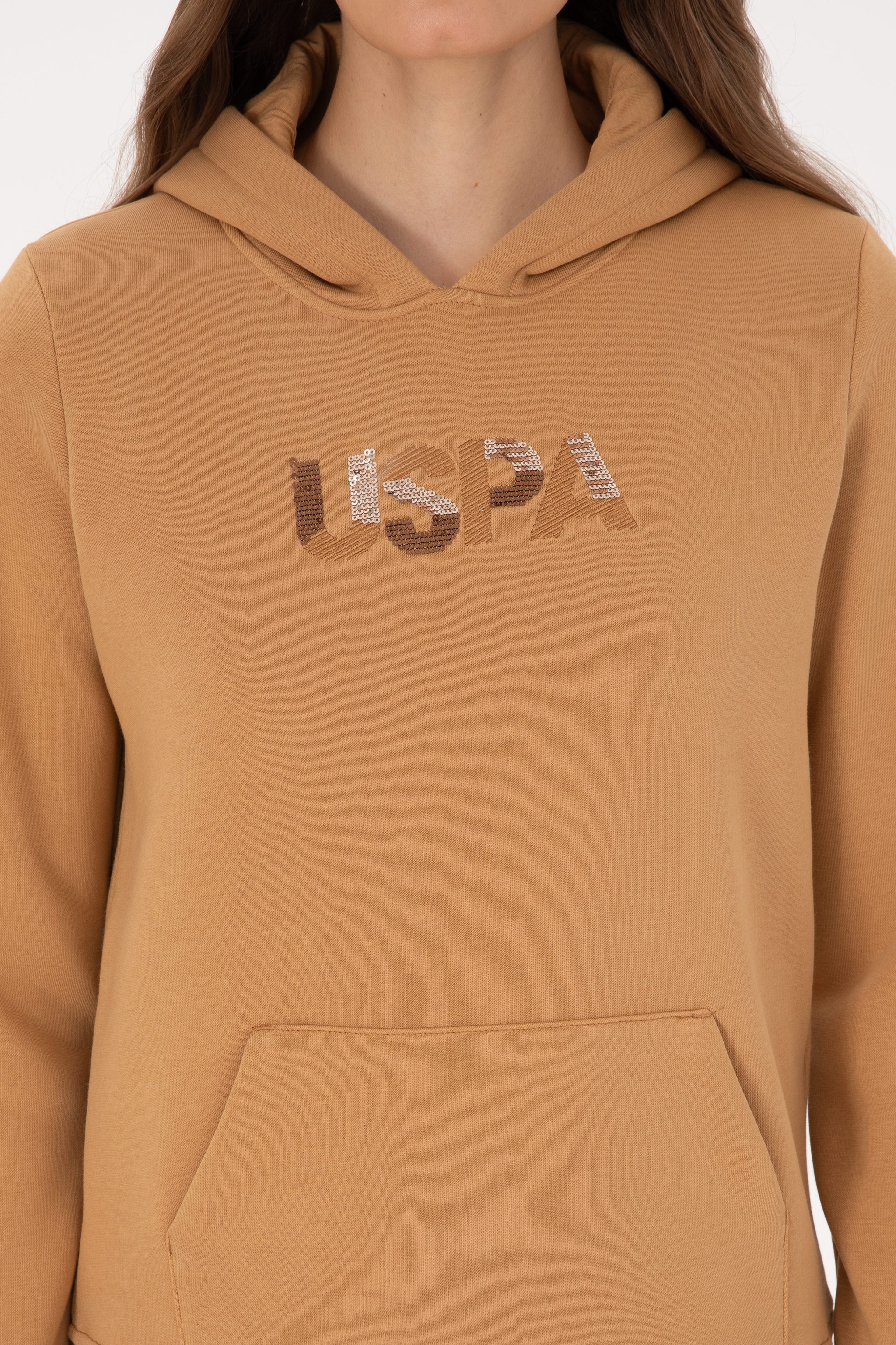 Kadın Camel Kapüşonlu Basic Sweatshirt - Image 6