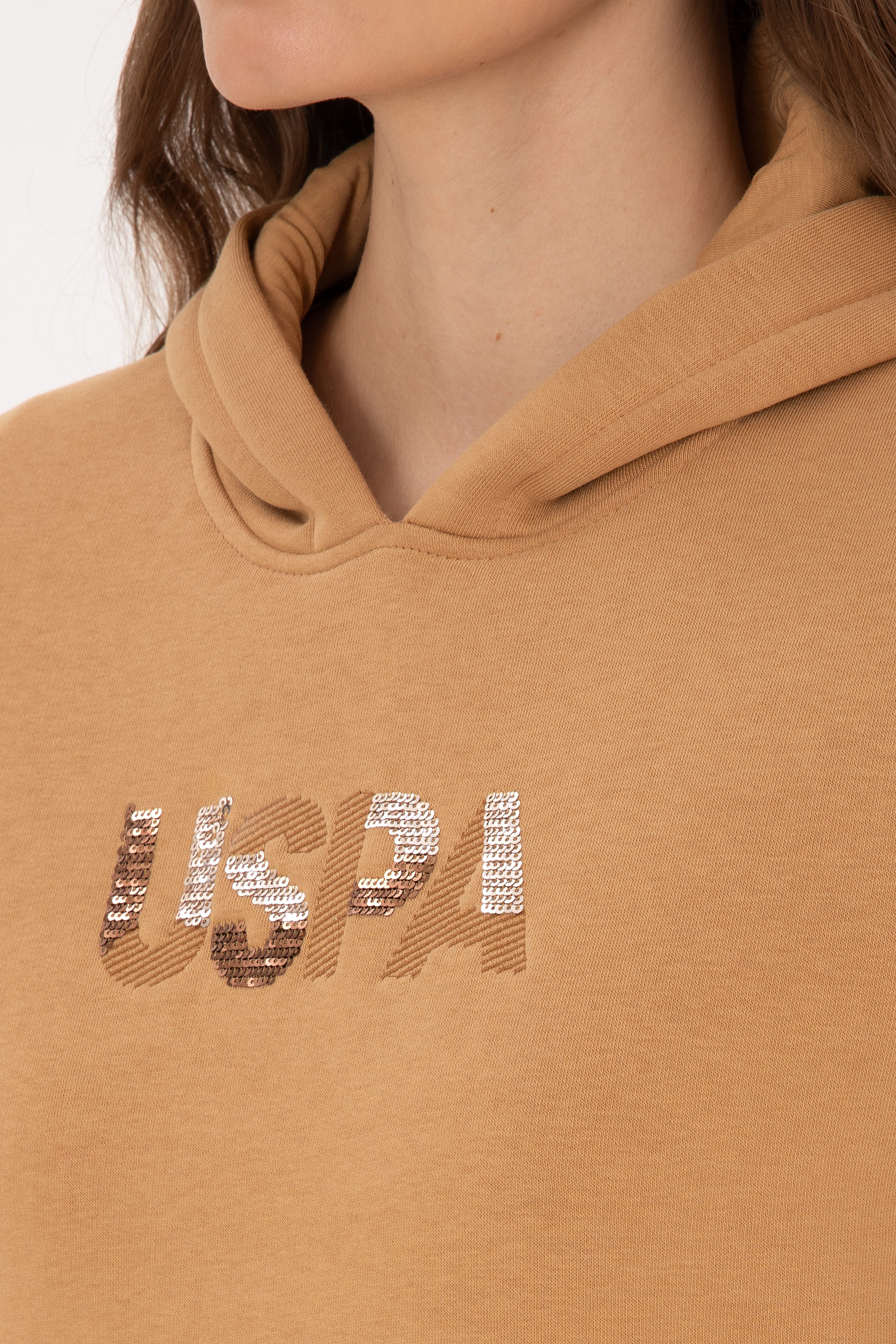 Kadın Camel Kapüşonlu Basic Sweatshirt